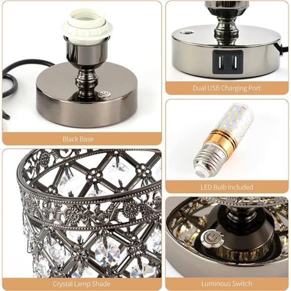 Crystal Bedside Black Table Lamp 3 Color Options Lamps for Bedroom Modern USB - Picture 4 of 7